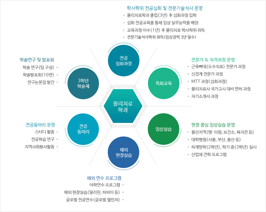 물리치료학과 학과 특장점 안내로 자세한 사항은 하단 학과 특장점 참고